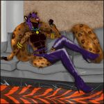  anthro armlet clothed clothing collar dragon ear_piercing felid feline footwear furniture hi_res high_heels horn hybrid inside leather leather_clothing livingroom long_tail male mammal nipple_piercing nipples partially_clothed piercing proud rug saber-toothed_tiger sofa solo tail thunderkitty3000 topless topless_male trans_(lore) trans_man_(lore) 