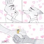  1:1 anthro canid canine digit_ring disney duo female fox gold_(metal) gold_jewelry hatakeclarissarts inktober inktober_2023 jewelry judy_hopps lagomorph leporid love male male/female mammal nick_wilde proposal rabbit ring ship vehicle watercraft wedding_ring zootopia 