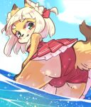  accessory anthro big_butt blush bottomwear brown_body brown_fur bulge butt canid canine canis clothed clothing crossdressing domestic_dog fur hair hair_accessory hair_ribbon hi_res looking_back male mammal multicolored_body multicolored_fur ribbons sea skirt smile solo swimwear two_tone_body two_tone_fur water white_body white_fur white_hair yellow_body yellow_fur youki029 