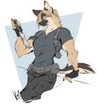  alternate_species anthro bottomwear brown_body brown_fur canid canine canis capcom cargo_pants cheek_tuft clothing combat_knife domestic_dog dullvivid facial_tuft fingerless_gloves fur german_shepherd gloves half-closed_eyes handwear herding_dog hi_res k-bar_combat_knife knife leon_kennedy male mammal muscle_tone muscular muscular_anthro muscular_male narrowed_eyes neck_tuft pants pastoral_dog resident_evil shirt simple_background solo t-shirt tan_body tan_fur topwear tuft white_background yellow_body yellow_fur 