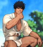  1boy bara black_hair blurry blurry_background day facial_hair fundoshi japanese_clothes large_pectorals male_focus muscular muscular_male original outdoors pectorals short_hair shunta_(syunta_87) sky smile solo squatting teeth thighs 