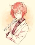  1boy akazaki_(sxlan) animal_ears black_shirt cat_boy cat_ears closed_mouth coat ensemble_stars! highres holding holding_wrench long_sleeves looking_at_viewer male_focus multicolored_hair paw_print red_hair sakasaki_natsume shirt short_hair_with_long_locks smile solo turtleneck white_coat white_hair wrench yellow_eyes 