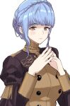  1girl blue_hair blunt_bangs blush braid breasts brown_eyes buttons closed_mouth commentary_request crown_braid double-breasted epaulettes eyelashes fire_emblem fire_emblem:_three_houses french_braid garreg_mach_monastery_uniform hands_up highres jacket long_sleeves looking_at_viewer marianne_von_edmund medium_breasts medium_hair military_uniform multicolored_clothes multicolored_jacket own_hands_together school_uniform sidelocks simple_background solo two-tone_jacket uniform upper_body white_background yamame_012 