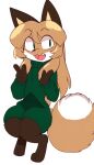  anthro averi_(fiddleafox) baggy_clothing big_eyes blush canid canine clothing cute_fangs dipstick_tail female female_anthro fiddleafox fox fur gesture gloves_(marking) green_clothing green_sweater green_topwear hair hi_res leg_markings mammal markings multicolored_body multicolored_fur multicolored_tail simple_background socks_(marking) solo sweater tail tail_markings thigh_markings tongue topwear white_body white_fur white_tail_tip 