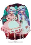  2girls bat_wings blue_bow blue_hair blush bow bubble_skirt crescent dress hat hat_ribbon jewelry long_hair looking_at_viewer mob_cap multiple_girls patchouli_knowledge petticoat puffy_sleeves purple_eyes purple_hair red_bow red_eyes red_ribbon remilia_scarlet ribbon shoes short_hair skirt smile socks standing syuri22 touhou wings 