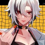  1girl arlecchino_(genshin_impact) black_choker black_eyes black_hair breasts choker cleavage commentary genshin_impact highres looking_at_viewer middle_finger multicolored_hair nail_polish red_nails shino_(moi_0142) short_hair smile solo streaked_hair upper_body white_hair 