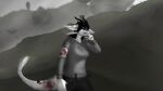  absurd_res anthro black_hair blood bodily_fluids clothing dragon female fur gunshot hair hi_res hoodie mountain pequod_vl red_eyes solo topwear white_body white_fur wounded 