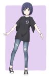  1girl black_footwear black_shirt blue_hair blue_pants closed_mouth commentary_request denim full_body highres jeans mole mole_under_eye nijisanji oyama_natsuki pants shirt shizuka_rin shoes short_hair short_sleeves smile sneakers solo standing t-shirt torn_clothes torn_pants virtual_youtuber wide_sleeves yellow_eyes 