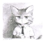  1boy :&lt; animal_ears animal_nose arm_at_side body_fur border cat_boy cat_ears cat_tail close-up closed_mouth collared_shirt commission english_commentary furry furry_male graphite_(medium) greyscale hand_on_own_stomach hand_up jitome looking_at_viewer male_focus monochrome necktie original rounded_corners school_uniform shirt short_sleeves slit_pupils solo tail tail_raised toshoneko traditional_media two-tone_fur upper_body white_border wing_collar 