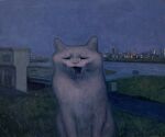  animal_focus building cat cityscape closed_eyes highres karin_hosono on_grass open_mouth original river sign water white_cat white_fur 