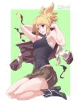  1girl arm_up armpits blonde_hair blueharedraws breasts coat hair_between_eyes henken highres long_hair looking_at_viewer original ponytail red_eyes seiza shorts sienna_(henken) sitting sleeveless smile solo teeth vampire 