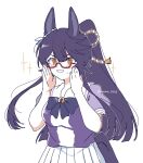  1girl @_@ adjusting_eyewear animal_ears bespectacled black_hair bow bowtie breasts embarrassed glasses hands_up highres horse_ears horse_girl horse_tail long_hair narita_brian_(umamusume) open_mouth orange_eyes ponytail puffy_short_sleeves puffy_sleeves purple_shirt renma_(renma_0503) rope sailor_collar school_uniform semi-rimless_eyewear shimenawa shirt short_sleeves simple_background skirt small_breasts solo sparkle summer_uniform sweatdrop tail tracen_school_uniform umamusume upper_body white_background white_skirt 