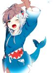  1girl arms_up blue_eyes blue_hair blush dongchuan fins fish_tail gawr_gura highres hololive hololive_english hood hoodie long_sleeves multicolored_hair one_eye_closed open_mouth shark_girl shark_tail sharp_teeth solo streaked_hair tail teeth two-tone_hair two_side_up virtual_youtuber white_hair wide_sleeves 