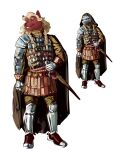  absurd_res anthro armor braided_hair canid canine canis cape chainmail clothing face_mask hair hi_res kelkessel long_hair male mammal pink_eyes red_body roman saikar smile solo weapon wolf 