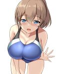  1girl black_one-piece_swimsuit blue_eyes blue_one-piece_swimsuit blush breasts brown_hair competition_swimsuit covered_navel cowboy_shot hair_between_eyes highleg highleg_swimsuit highres impossible_clothes impossible_swimsuit intrepid_(kancolle) kantai_collection large_breasts looking_at_viewer montemasa multicolored_clothes multicolored_swimsuit one-piece_swimsuit open_mouth ponytail short_hair simple_background smile solo swimsuit twitter_username two-tone_swimsuit white_background 