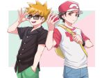  2boys :d adjusting_eyewear backpack bag blue_oak brown_hair buttons closed_mouth collared_shirt commentary_request green_pants hand_in_pocket hand_up hat holding_strap male_focus mochi_(mocchi_p_2m) multiple_boys open_mouth pants pink_headwear pokemon pokemon_(game) pokemon_sm red_(pokemon) shirt short_hair short_sleeves smile spiked_hair sunglasses teeth upper_teeth_only yellow_bag 