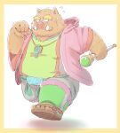  2023 anthro biped bottomwear brown_body brown_fur clothed clothing fur furipon hi_res kemono male mammal overweight overweight_male pants running simple_background solo staff suid suina sus_(pig) wild_boar 
