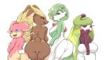  4girls :3 absurdres animal_ears animal_nose ass ass_focus audino back backlighting black_sclera blank_eyes blue_eyes bob_cut body_fur breasts brown_fur colored_sclera colored_skin commentary commission completely_nude cowboy_shot english_commentary fang from_behind furry furry_female gardevoir green_hair green_skin hair_over_one_eye half-closed_eyes happy highres kneepits large_breasts leaning_forward looking_at_viewer looking_back lopunny monster_girl multicolored_skin multiple_girls no_pussy nude one_eye_covered open_mouth pink_fur plant_girl pointy_ears pokemon pokemon_(creature) presenting purple_skin rabbit_ears rabbit_girl rabbit_tail rapel red_eyes shiny_skin short_hair sideways_mouth simple_background small_breasts smile snout standing tail thighs tsareena two-tone_fur two-tone_skin white_background white_skin yellow_fur 
