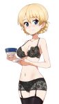  1girl black_bra black_garter_belt black_panties black_thighhighs blonde_hair blue_eyes blush bra braid breasts cleavage commentary_request commission cup darjeeling_(girls_und_panzer) garter_belt girls_und_panzer hair_between_eyes holding holding_cup holding_saucer kayabakoro lace lace_bra lace_panties large_breasts looking_at_viewer navel panties pixiv_commission saucer simple_background smile solo split_mouth standing stomach teacup thighhighs twin_braids underwear underwear_only white_background 