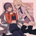  2girls absurdres ahoge akamatsu_kaede alternate_costume arm_at_side artist_name belt black_belt black_collar black_footwear black_hairband black_pants blonde_hair breasts brown_hair collar commentary crop_top danganronpa_(series) danganronpa_v3:_killing_harmony grey_shirt hair_ornament hairband hairclip hands_up harukawa_maki highres lemontea long_hair low_twintails midriff multiple_girls nail_polish navel pants pink_background pink_nails pink_shorts red_nails shirt shoes shorts small_breasts smile thighhighs twintails 