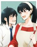  1boy 1girl absurdres apron black_hair blue_necktie border breasts brother_and_sister collarbone collared_shirt commentary_request cooking earrings gold_earrings hair_between_eyes hairband happy high_ponytail highres holding holding_ladle jewelry ladle light_blush long_hair long_sleeves looking_at_another medium_breasts necktie open_mouth outside_border red_eyes red_sweater shirt siblings smile spy_x_family sweater tama_._kogifu upper_body white_border white_hairband white_shirt yor_briar yuri_briar 