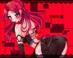  1girl apple ass bare_shoulders bent_over black_dress black_gloves black_skirt breasts dress elbow_gloves finger_to_face flower food fruit gloves hair_intakes hand_up highres long_hair mabinogi medium_breasts open_mouth pelvic_curtain pink_eyes pink_lips red_flower red_hair red_rose rose rua side_slit skirt smile solo suittsu uneven_eyes 