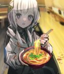  1girl black_dress blue_eyes blurry blurry_background blush bowl cevio chopsticks commentary_request counter cowboy_shot curry_udon diamond_hair_ornament dress food_on_clothes grey_pupils high_collar highres holding holding_bowl holding_chopsticks hood hood_down hooded_jacket incoming_food jacket kafu_(cevio) kamitsubaki_studio long_sleeves looking_at_viewer low_twintails messy multicolored_eyes open_mouth pink_eyes raised_eyebrows sitting solo stained_clothes sun_1200 twintails white_hair white_jacket 