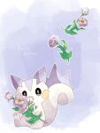  animal_focus artist_name blue_background colored_skin flower hanabusaoekaki highres holding holding_flower leaf no_humans pachirisu pokemon pokemon_(creature) purple_flower sitting solid_oval_eyes solo squirrel tail white_skin 