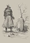  1other ambiguous_gender artist_name bare_tree belt bloodborne boots coat gloves greyscale highres hunter_(bloodborne) long_sleeves monochrome skull solo standing tombstone tree tripdancer 