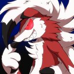  1:1 2016 ambiguous_gender anthro black_claws black_nose blue_background canid canine cheek_tuft chest_tuft claws dipstick_ears facial_tuft finger_claws fur generation_7_pokemon glowing glowing_eyes gradient_background grin lycanroc magic_box42 mammal midnight_lycanroc multicolored_body multicolored_ears multicolored_fur nintendo pokemon pokemon_(species) red_body red_eyes red_fur sharp_teeth side_view simple_background smile solo teeth tuft two_tone_body two_tone_fur white_body white_fur 