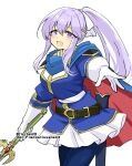  1girl alternate_costume alternate_hairstyle belt breasts cape circlet cosplay fire_emblem fire_emblem:_genealogy_of_the_holy_war holding holding_weapon julia_(fire_emblem) long_hair loogy open_mouth pantyhose ponytail purple_eyes purple_hair reaching reaching_towards_viewer seliph_(fire_emblem) seliph_(fire_emblem)_(cosplay) simple_background skirt solo tyrfing_(fire_emblem) weapon yukia_(firstaid0) 