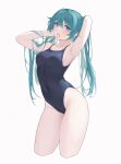  1girl absurdres alternate_costume arms_behind_head black_one-piece_swimsuit blue_eyes breasts competition_swimsuit covered_navel cropped_legs green_hair hatsune_miku highleg highleg_swimsuit highres long_hair medium_breasts mouth_hold one-piece_swimsuit simple_background solo swimsuit twintails vocaloid white_background yuuichi_yuiko 