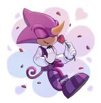  1boy angiethecat chameleon closed_eyes collared_shirt espio_the_chameleon flower gloves highres horns long_sleeves open_mouth petals purple_footwear red_flower red_rose rose shirt single_horn smelling_flower smile sonic_(series) the_murder_of_sonic_the_hedgehog white_gloves white_shirt 