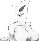  absurd_res anthro big_breasts breasts cleavage clothed clothing female generation_2_pokemon hi_res huge_breasts legendary_pokemon lugia menyang monochrome nintendo pokemon pokemon_(species) question_mark simple_background solo white_background 