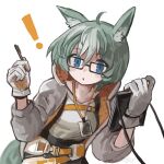  ! 1girl ahoge animal_ear_fluff animal_ears arknights black-framed_eyewear black_skirt blue_eyes breasts buchi0122 commentary_request glasses gloves green_hair hair_between_eyes hands_up highres holding holding_pencil jacket long_sleeves looking_at_viewer open_clothes open_jacket parted_lips pencil proviso_(arknights) puffy_long_sleeves puffy_sleeves shirt simple_background skirt small_breasts solo tail white_background white_gloves white_shirt 
