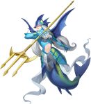  1girl ancientmermaimon covered_eyes digimon digimon_(creature) fins helmet_over_eyes holding holding_polearm holding_weapon long_hair mermaid monster_girl navel official_art polearm simple_background solo tail transparent_background trident very_long_hair weapon white_hair 
