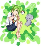  1boy abstract_background barefoot black_shorts clenched_hand doll_joints espurr green_background green_eyes green_hair highres joints necktie phil_(undead_unluck) pokemon purple_eyes red_necktie shishiruto short_hair short_sleeves shorts sitting solo suspenders thumb_sucking undead_unluck 