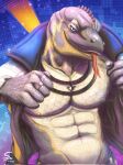  2023 abs anthro areola barbell_piercing belt bottomwear clothing digital_media_(artwork) epic_games fortnite grey_body grey_scales hi_res jacket jewelry komodo_dragon lizard male monitor_lizard muscular muscular_anthro muscular_male navel necklace nipple_barbell nipple_piercing nipples non-mammal_nipples pants pecs piercing reptile ring_(jewelry) scales scalie shirtless shrawnie signature smile solo tan_body tan_scales thunder_(fortnite) tongue tongue_out topwear v-cut yellow_body yellow_scales 