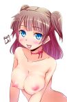  1girl bangs blue_eyes blunt_bangs blunt_ends blush bow breasts breasts_squeezed_together brown_hair collarbone de_(deys) eyelashes highres looking_at_viewer medium_breasts medium_hair neck_ribbon nipples nude open_mouth original red_bow red_ribbon ribbon simple_background smile solo tongue tongue_out two_side_up upper_body white_background 