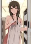  1girl absurdres ahoge blurry blurry_background blush brown_hair collarbone commentary completely_nude covering_privates garuku1120 highres holding holding_towel idolmaster idolmaster_shiny_colors kuwayama_chiyuki looking_at_viewer nude nude_cover sidelocks solo steam towel white_towel 