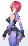  1girl ass bare_shoulders black_gloves black_leotard bodysuit breasts commentary_request commission dino_crisis elbow_gloves fingerless_gloves from_behind gloves highres large_breasts leotard looking_at_viewer matsuda_(matsukichi) parted_lips pixiv_commission red_eyes red_hair regina_(dino_crisis) short_hair simple_background skin_tight smile solo turtleneck white_background 