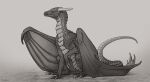  2023 ambiguous_gender black_and_white celrasa claws countershade_neck countershade_torso countershading dragon feet feral horn long_neck long_tail looking_away membrane_(anatomy) membranous_wings monochrome scales sitting sitting_on_ground snout solo tail toe_claws toes wings 