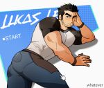  1boy anoko_nai apron ass bara beard_stubble black_hair denim elbow_rest feet_out_of_frame highres huge_eyebrows jeans large_pectorals light_blush looking_at_viewer lucas_lee lying male_focus mouse_(computer) muscular muscular_male on_side pants pectorals scott_pilgrim_takes_off shirt short_hair short_sleeves smile solo t-shirt tight_clothes tight_shirt waist_apron 