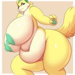  1:1 4_fingers absurd_res anthro belly big_belly big_breasts blue_eyes border breasts canid canine deep_navel featureless_crotch female fingers fox fur green_inner_ear_fluff green_nipples green_pawpads grey_nose hi_res hidenafox huge_breasts inner_ear_fluff mammal navel nipples overweight overweight_anthro overweight_female pawpads simple_background solo standing tail tan_background tuft white_border yellow_body yellow_fur 