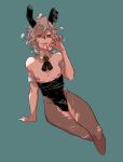  1boy absurdres animal_ears aqua_background arm_support armlet brooch bulge clover_brooch condom danganronpa_(series) danganronpa_2:_goodbye_despair detached_collar fake_animal_ears fala_alfredo_pasta highres holding implied_yaoi jewelry komaeda_nagito leotard male_focus male_playboy_bunny messy_hair mouth_hold nipples pantyhose rabbit_ears seductive_smile simple_background sitting smile solo torn_clothes torn_pantyhose used_condom 
