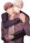  2boys absurdres brown_hair closed_eyes highres holding_hands hug hug_from_behind ilay_riegrow jeong_taeui long_sleeves male_focus multiple_boys o_ssion open_clothes passion_(manhwa) shirt simple_background smile white_background white_hair white_shirt yaoi 