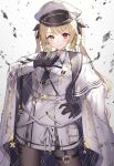  1girl belt black_gloves black_necktie black_pantyhose blonde_hair coat coat_on_shoulders collar_chain_(jewelry) earrings gloves hat heterochromia highres hoshikawa_sara hoshikawa_sara_(6th_costume) jewelry long_hair military_hat military_uniform myske_(myst34415756) necktie nijisanji official_alternate_costume pantyhose peaked_cap red_eyes smile solo star_(symbol) star_earrings thigh_strap twintails uniform very_long_hair virtual_youtuber white_belt white_coat yellow_eyes 