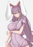  1girl :/ absurdres alternate_costume animal_ears arm_under_breasts bare_arms blush breasts commentary_request cowboy_shot dress grey_background hair_between_eyes highres huge_breasts kuraki long_hair looking_to_the_side puffy_short_sleeves puffy_sleeves purple_dress purple_hair rabbit_ears rabbit_tail red_eyes reisen_udongein_inaba short_sleeves simple_background solo tail touhou very_long_hair wide_hips 