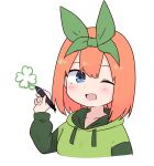  1girl ;d blue_eyes blush commentary_request cropped_torso drawstring eyebrows_hidden_by_hair go-toubun_no_hanayome green_hairband green_hoodie green_ribbon hair_between_eyes hair_ribbon hairband hand_up holding holding_stylus hood hood_down hoodie kujou_karasuma long_sleeves looking_at_viewer nakano_yotsuba one_eye_closed orange_hair puffy_long_sleeves puffy_sleeves ribbon simple_background smile solo stylus upper_body white_background 