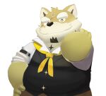  absurd_res anthro canid canine canis clothing domestic_dog eyebrows facial_hair fur hi_res lifewonders live_a_hero male mammal mature_male mustache nightshowlerid procy solo thick_eyebrows topwear vest yellow_body yellow_fur 